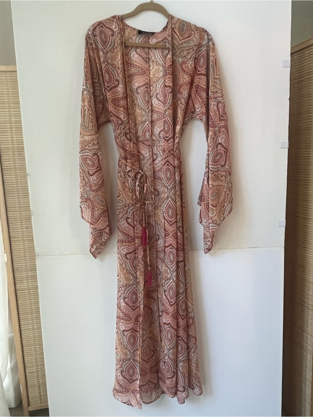 Paisley Print Long Kimono Robe in Dusty Pink